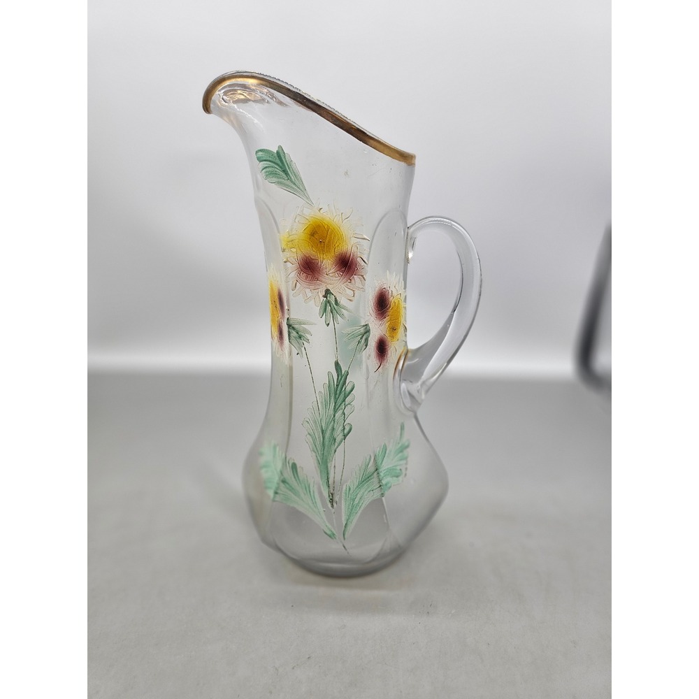 Antique Frosted Glass Pitcher Hand Painted Floral Gold Rim Victorian Art Glass